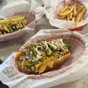 junkyard dog, chicago dog, french fries