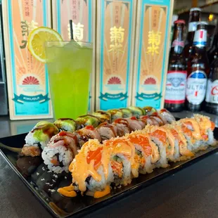 Creamy Salmon Roll, Hamachi Lover Roll, and  Caterpillar Roll