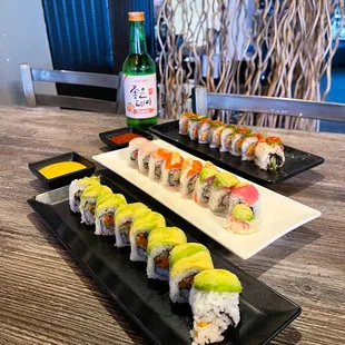 Bei Roll, Rainbow Roll, and Jalapeño Hamachi Roll.