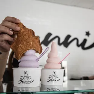 Ice Cream in a Cup with Taiyaki Cone  - Milk / Strawberry / Taro / Pineapple
