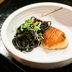 Seared scallop &amp; squid ink pasta