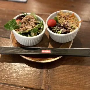 Tantán Salad -left, rainbow quinoa salad-right