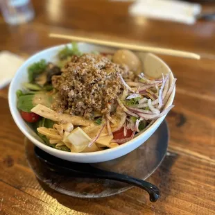 Cold Tantánmen 15.95 + add ons for an addtl charge: Ajítama egg 2.50, bamboo shoots 1.50, on onion mix 1.50, extra noodles for large 3.50
