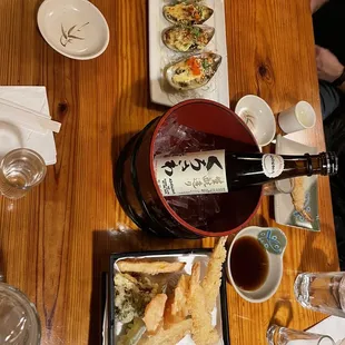 Sake, oysters, calamari