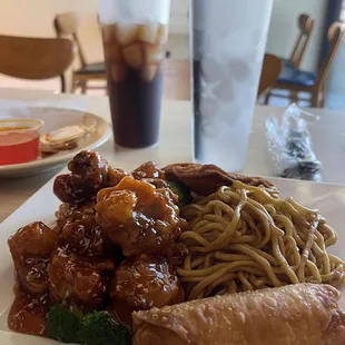 Sesame chicken with Lo Mein and Chicken Egg Roll
