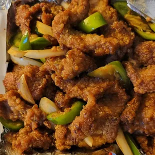Spicy crispy beef with jalapeños,  wow
