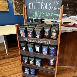 a display of coffee bags