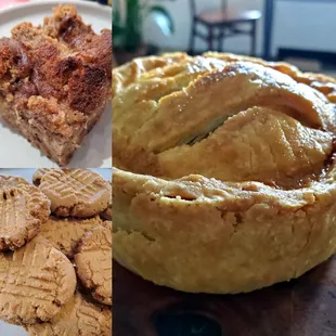 Daily Savory deep dish personal pies, bread pudding of the day, Biscuit Jammers, GF Crustless Quiche, cookies and Cafe Vita Coffee