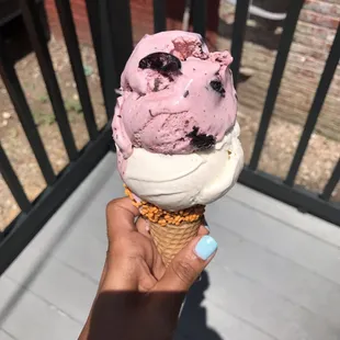 Specialty cone topped with Vanilla &amp; Black Cherry Chip - it's a perfect combo