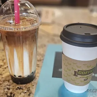 Brown sugar boba tea with espresso and caramel macchiato