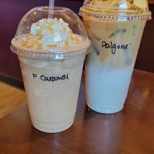 Medium caramel frappe and large dalgona coffee