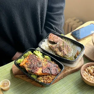 Grilled Salmon/Fried Rice w/ Broccoli &amp; Grilled Snapper White rice w/ Callaloo