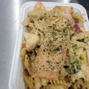 Rasta pasta with steam salmon