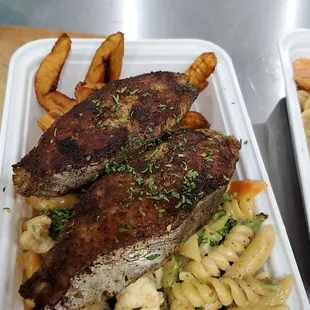 Grill king fish with pasta &amp; plantain