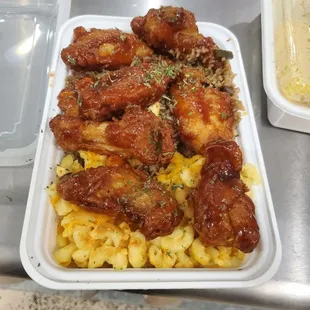 Mac &amp;cheese  rice&amp; peas with BBQ chicken wings