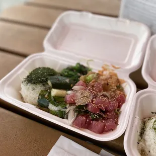 Poke bowl - original poke &amp; spicy poke w/ seaweed salad and pickled cucumbers + sesame seeds and furikake