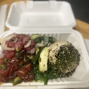 Shoyu Poke Brown Rice Seaweed Salad Original Poke Pickled Cucumbers.