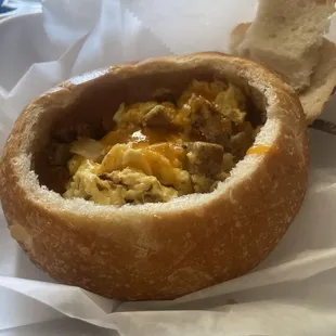 This is a breakfast bread bowl