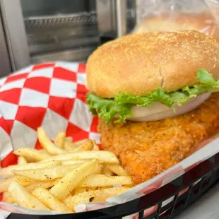 Breaded chicken sandwich with fries.  Always a favorite!