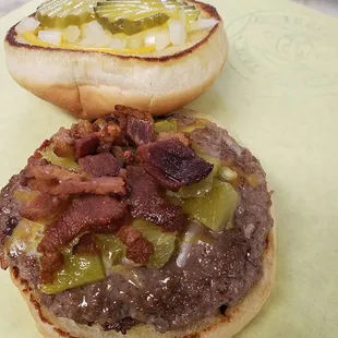 Our Double Burger with Green Chiles and Bacon!