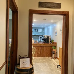 the entrance to the coffee shop