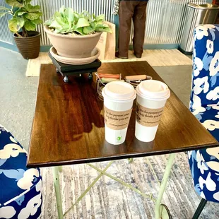 a table with two cups of coffee on it