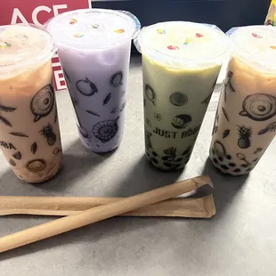 Boba Drinks: Strawberry Milk Tea, Taro Milk Tea, Matcha Milk Tea, Classic Milk Tea