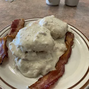 Biscuits and gravy and bacon