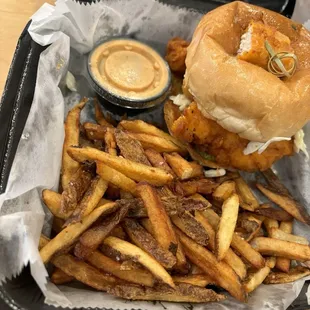 Just chicken sandwich with fries and Just sauce on the side