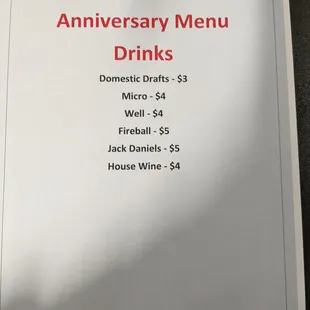 Anniversary drink menu.