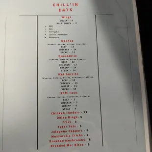 Chill&apos;in Eats menu.