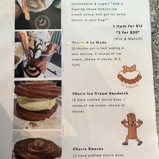 a menu for churro desserts