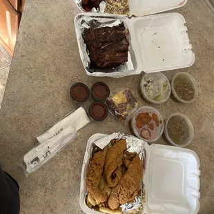 Pork tips, Beef ribs, whiting, yams, cabbage, pinto, cornbread