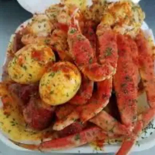 Snow crab boil with an extra egg