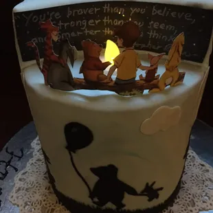 Winnie the Pooh cake. Christopher Robin and Friends gather around the campfire as he gives them a life lesson written in the sky