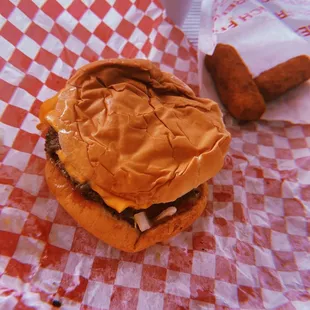 Awesome burgers with amazing cheese sticks!