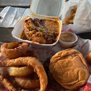 Chili cheese dog, onion rings, crinkle fries, double hamburger