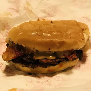 The Bombus Burger.  It's a double burger topped with peanut butter, red pepper jelly, bacon, and sriracha.