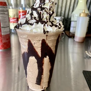 a milkshake with chocolate and whipped cream