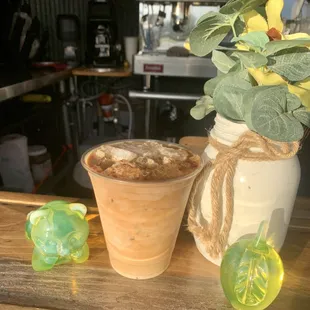 a potted plant and a glass of iced coffee