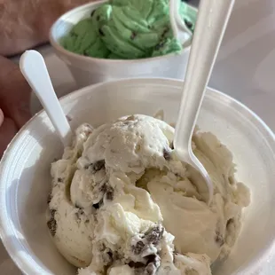 Single scoop of Rice Krispie treat and double scoop of mint chocolate chip