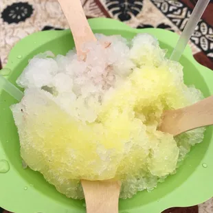 Couldn&apos;t get a photo before everyone dived in - lychee and pineapple shaved ice - super smooth ice with real fruit pieces.
