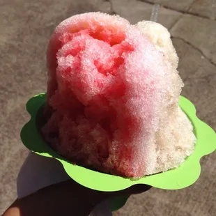 Large shave ice with watermelon, root beer, and lemon lime. Fine ice, ideal for a sweltering day!
