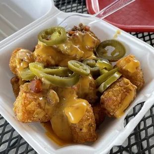 Chili cheese fries with added jalapeños