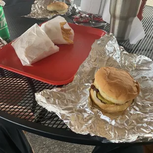 Burger and fries on the patio.