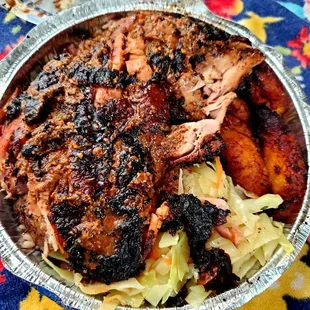 Jerk Chicken with rice, cabbage and plantains