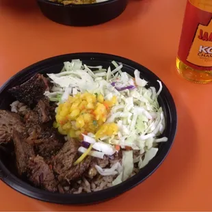 Brisket rice bowl, with added mango salsa.
