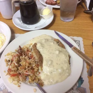 Country Fried Steak, 2 Eggs, Hashbrowns & Toast