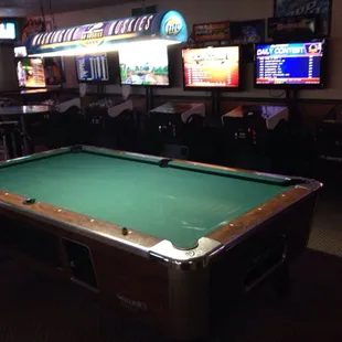 1 pool table, Golden Tee, Big Buck, &amp; 6 DartsLive boards.