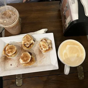 Cinnamon rolls, vanilla latte and cold brew